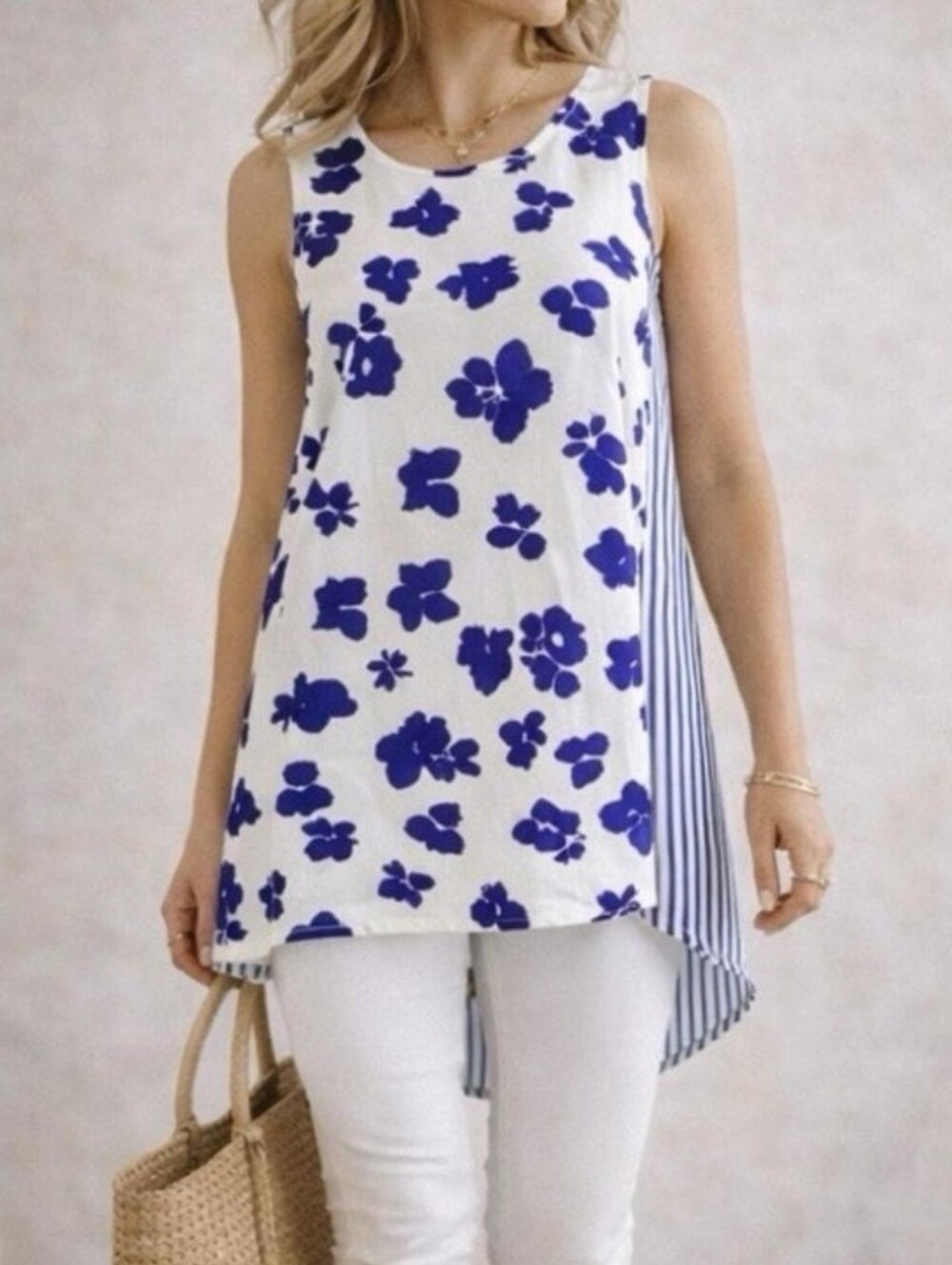 Cabi Hi-Low Blue White Floral Striped Tunic Blouse Split Back NWOT Size M